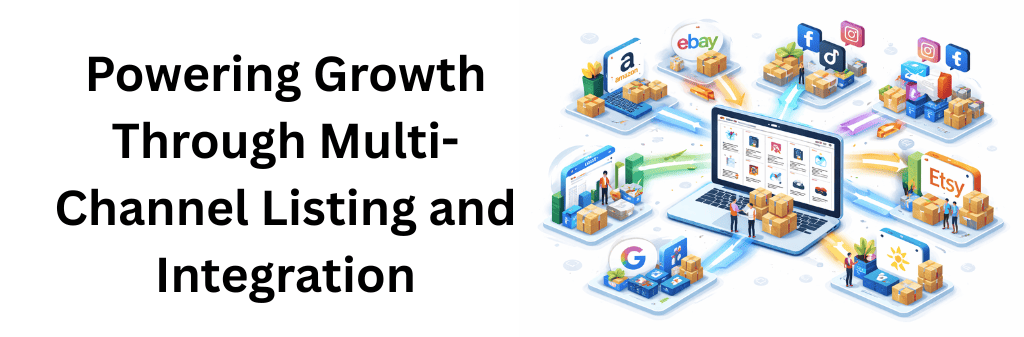 Isometric ecommerce illustration with a central product listing system synchronizing inventory and orders across Amazon, eBay, social platforms, and online stores through automated integration